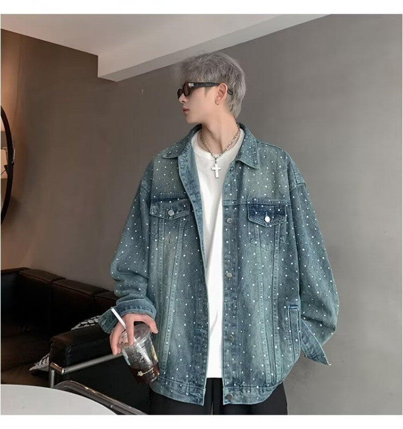 American Trendy Denim Jacket Mens Make Old Flash Diamond Fashion Outwear Spring Single-breasted Street Couple Cowboy Coats