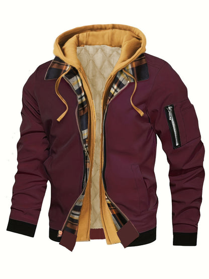 Jaqueta masculina de moletom com capuz outono inverno casual cor sólida falsa de duas peças com zíper e manga comprida quente