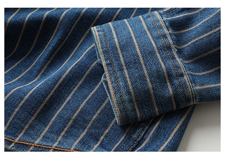 American Retro Workwear Long Sve Denim irt Loose Casual Striped ket irt Youth Trend Autumn Wear Iron Free