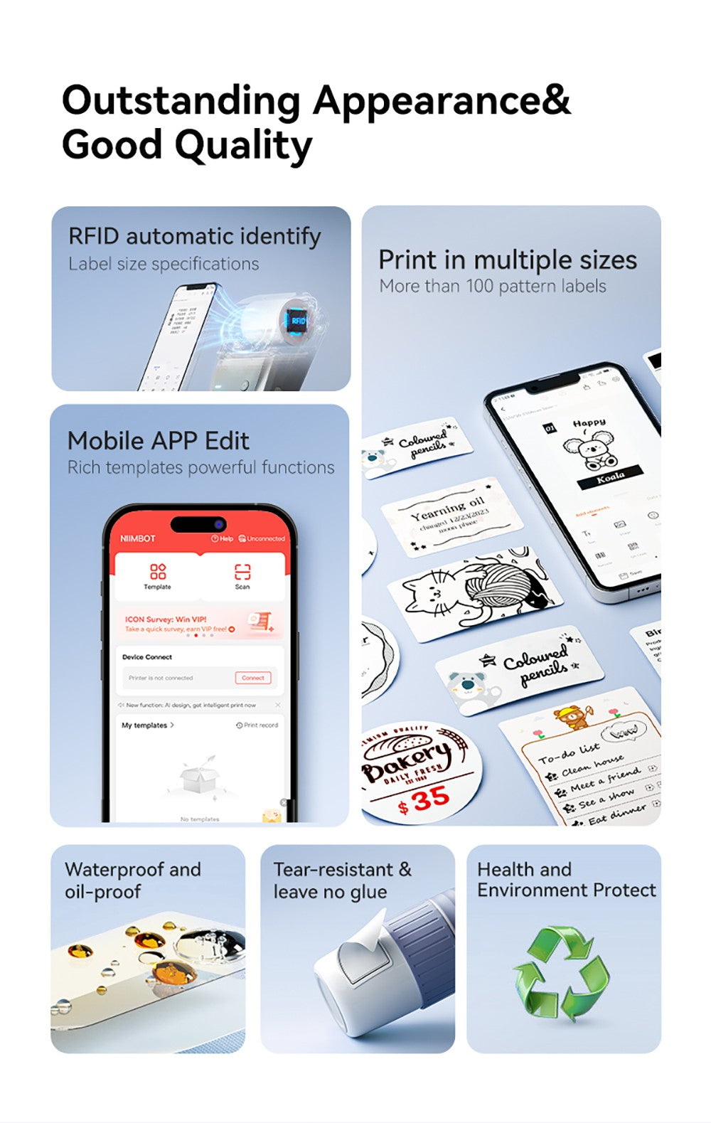 Portable Niimbot B1 Wireless Label Maker Adhesive Sticker Printer Labeling Machine DIY 20-50mm Labels for Office Home