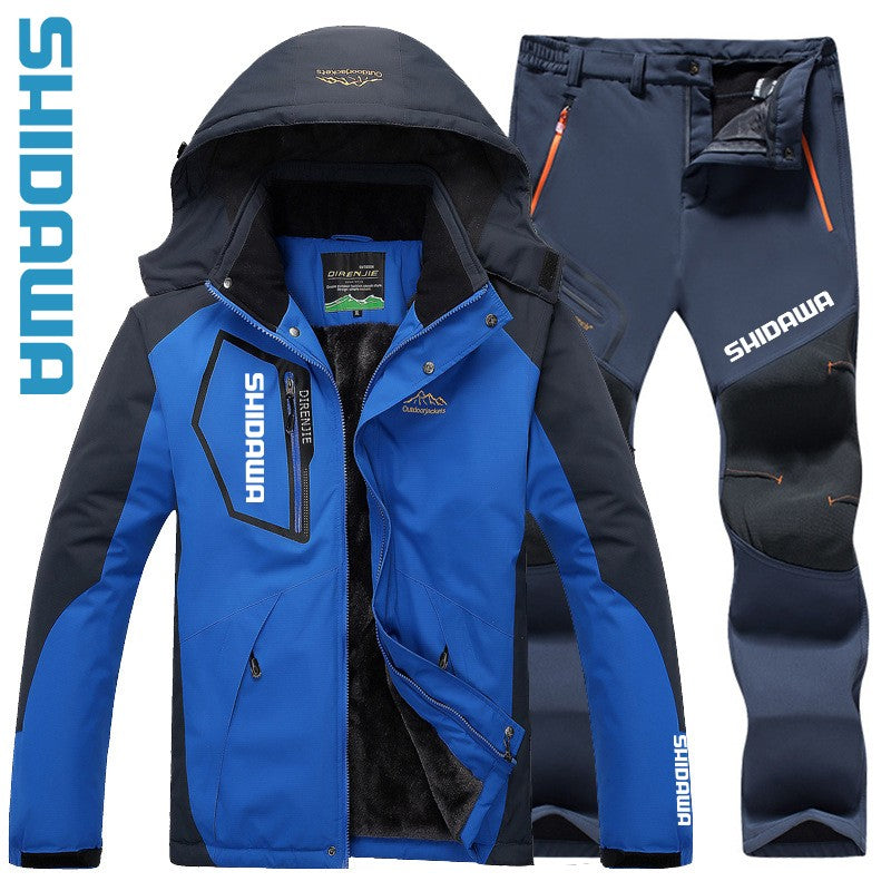 Traje de Pesca de Inverno Corta-Vento Impermeável Soft Shell Masculino Tamanhos Grandes com Capuz Acolchoado de Veludo Quente + Conjunto de Calças de Pesca para Caminhada