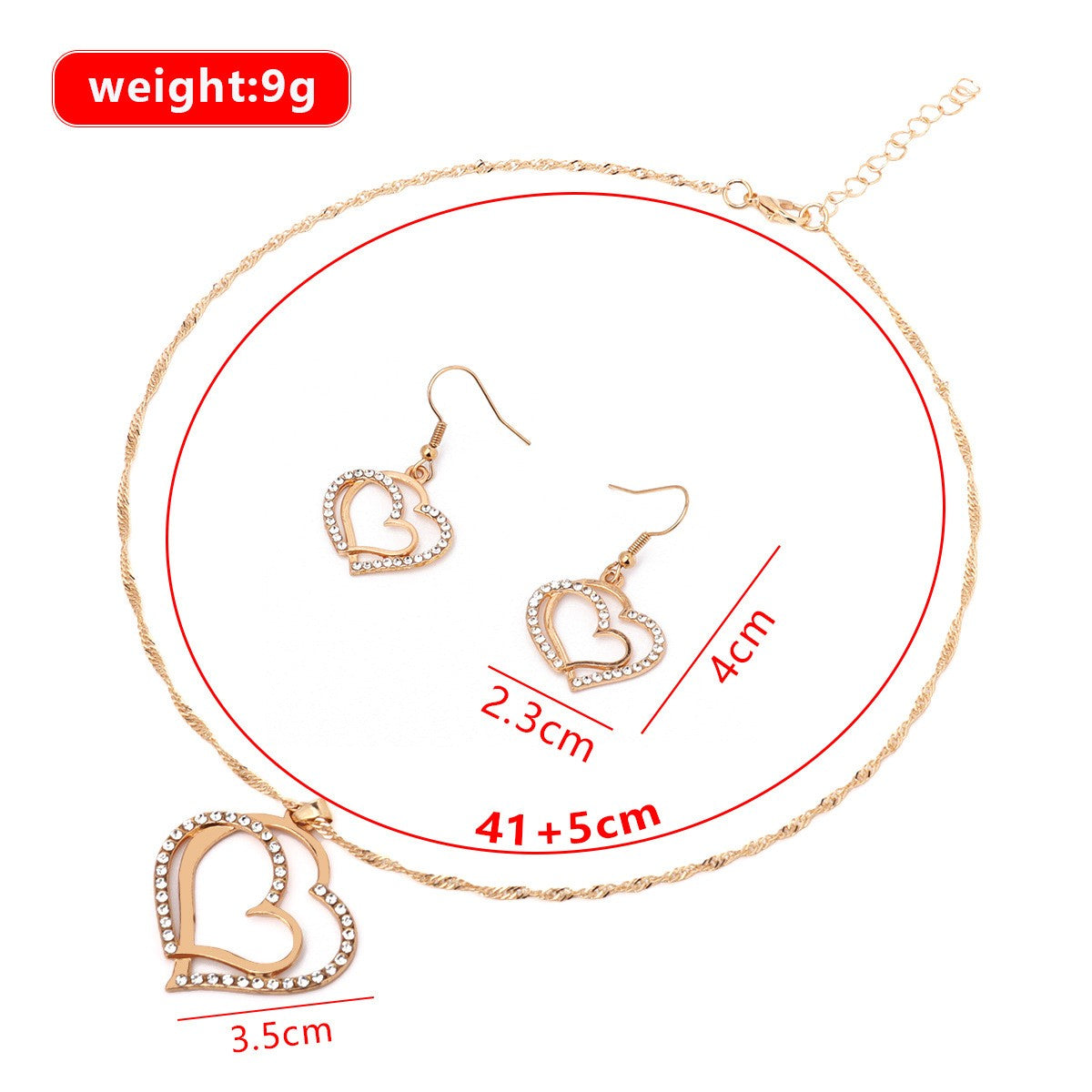 Conjunto de Joias Coração de 3 Peças Brincos Colar com Pingente para Mulheres Conjunto de Joias Duplo Coração de Strass Elegante e Moderno