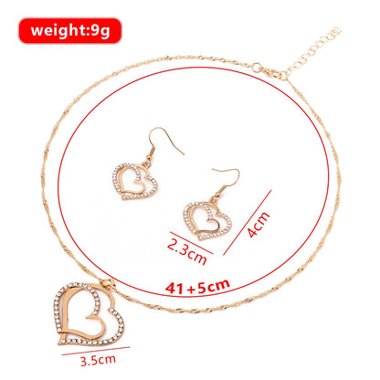 Conjunto de Joias Coração de 3 Peças Brincos Colar com Pingente para Mulheres Conjunto de Joias Duplo Coração de Strass Elegante e Moderno