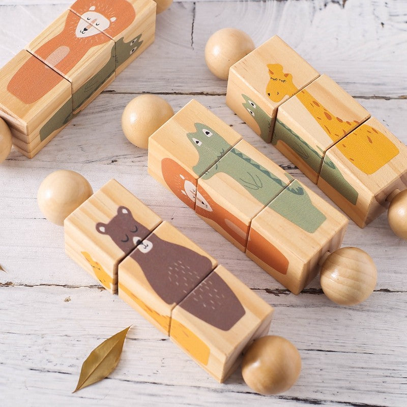 Baby Wooden Montessori Toys Cartoon Animal Rabbit Crocodile Blocks Rattle Puzzle Game Wooden Ring Newborn Rattle Teethering Toys
