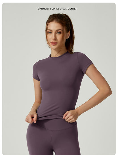 New Women Running Sports T Shirt Summer Short Sleeve Round Neck Breathable Stretchy GYM Yoga Slim Fitness Active Top Tee