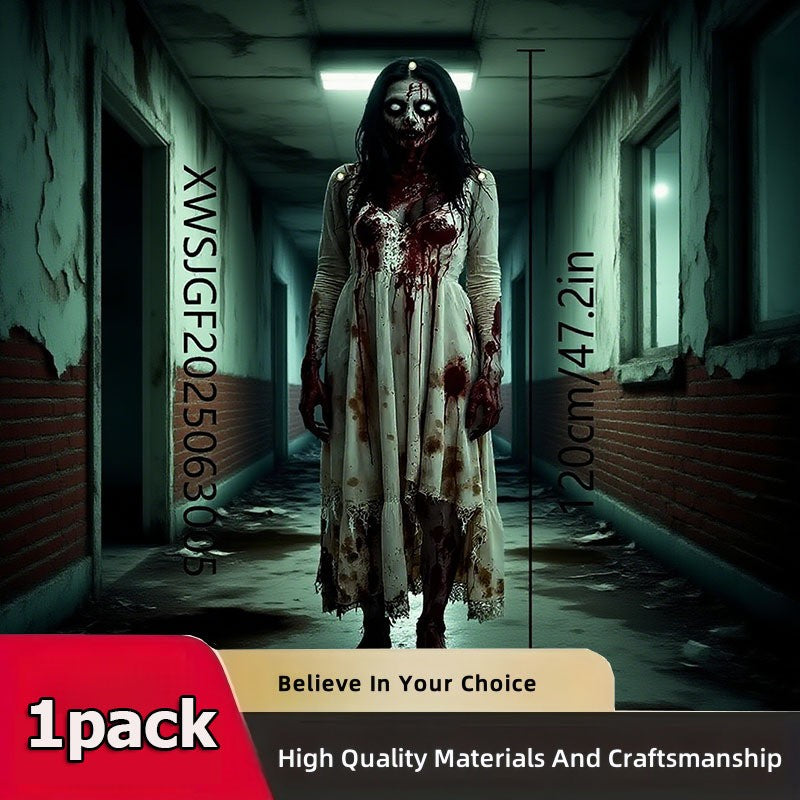 Large Halloween zombie woman Bloody Door banner - Horror party decoration, durable polyester fabric, haunted house, porch, home