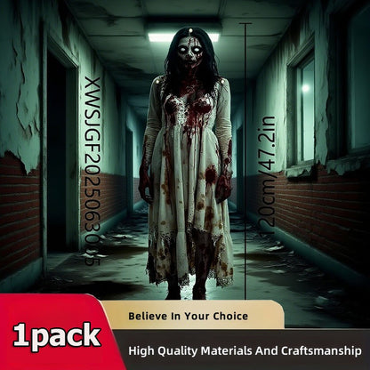 Large Halloween zombie woman Bloody Door banner - Horror party decoration, durable polyester fabric, haunted house, porch, home