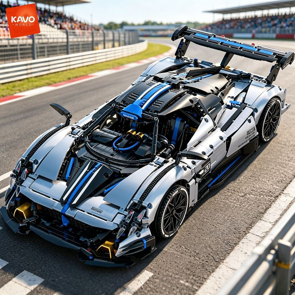 KAVOWORLD 1:8 Scale Silver-Blue Technical Super Racing Sports Car Building Blocks Set 3526pcs DIY STEM Assembly Premium ABS Racing Car Building Bricks Toy Model with Rear Linkage Engine & Track Wing, Ideal Birthday Christmas Gift for Teens Adults