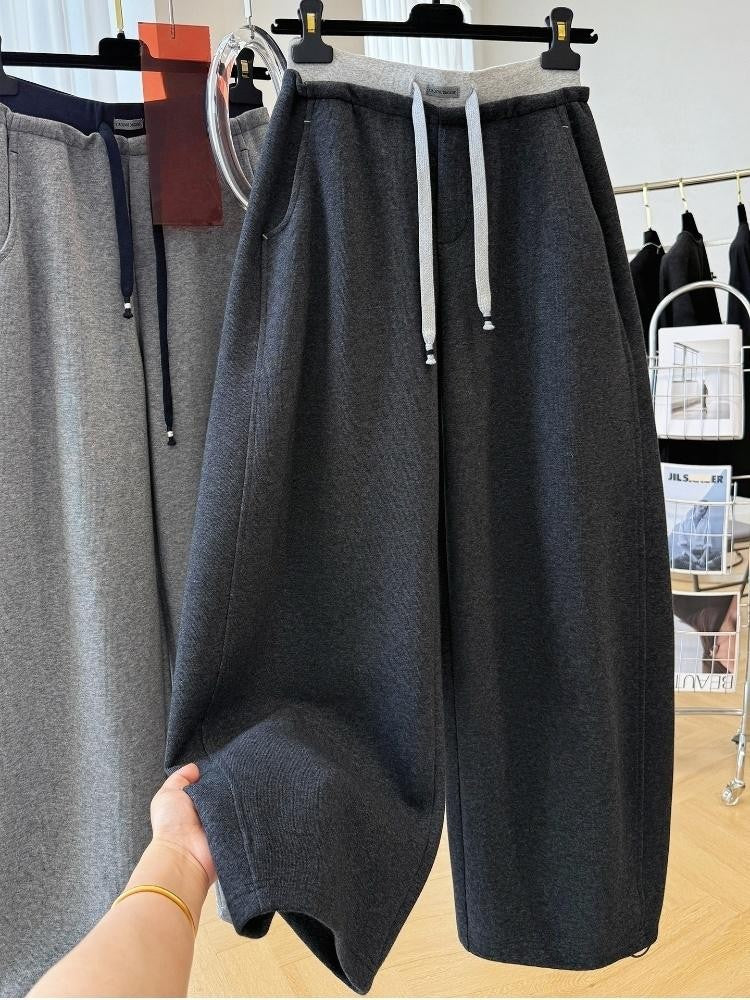 Patchwork Drawstring High Waist Wide Leg Pants for Women Spring and Autumn  Curved Hem Trousers