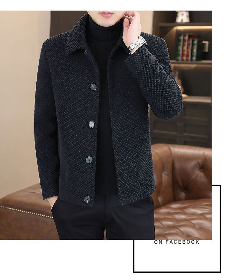 Korean Winter Woolen Jacket Men Plush and Warm Short Trench Coat Plaid Casual Business Streetwear Overcoat Social Men Clothing