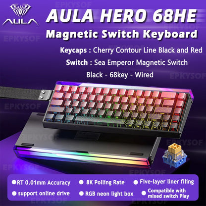 Teclado Mecânico para Jogos RGB com Switches Magnéticos AULA HERO 68HE Teclado para eSports com Acionamento Rápido e Retorno de 8K com Fio Personalizado