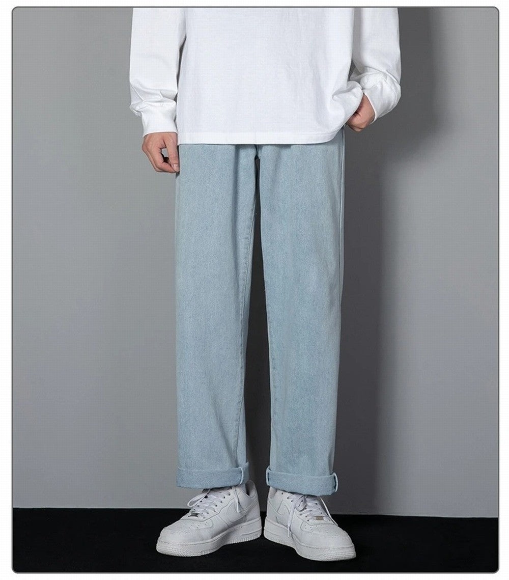 Korean Solid Colors Men's Casual Long Jeans Classic Man Four Seasons Straight Denim Wide-leg Pants Light Blue Grey Black 3XL