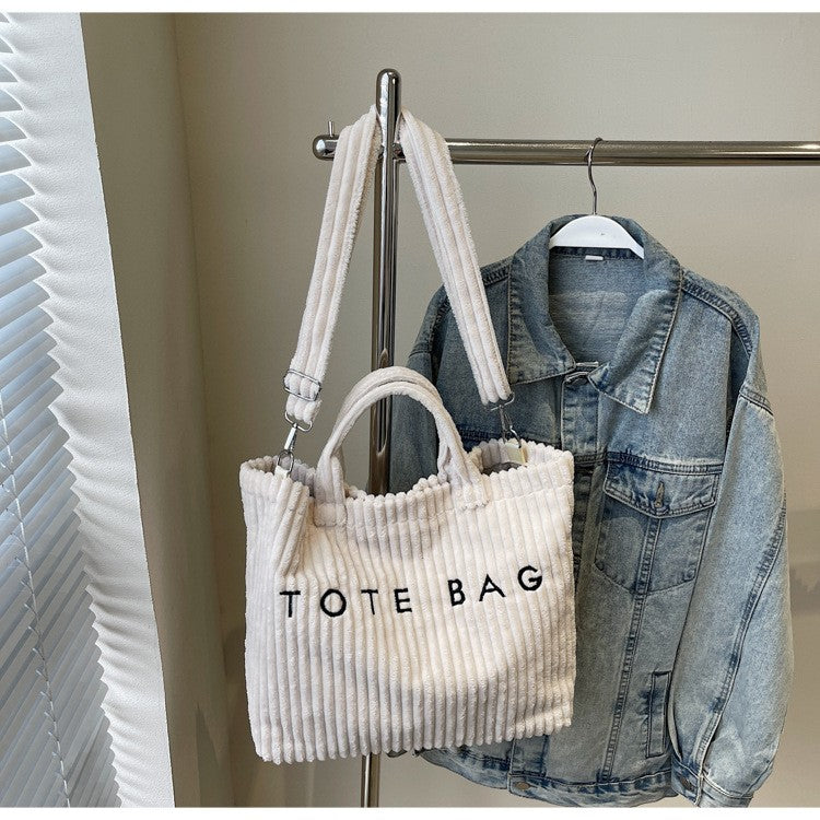 Large Capacity Striped Velvet Handbag Shoulder Bag for Woman Handbags Crossbody Bags, Versatile Letter Corduroy Women's Tote Bag