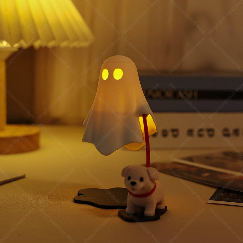 Cute Ghost LED Night Light with Dog Figure - Spooky Desk Lamp, Halloween Decor, Warm Light for Bedroom