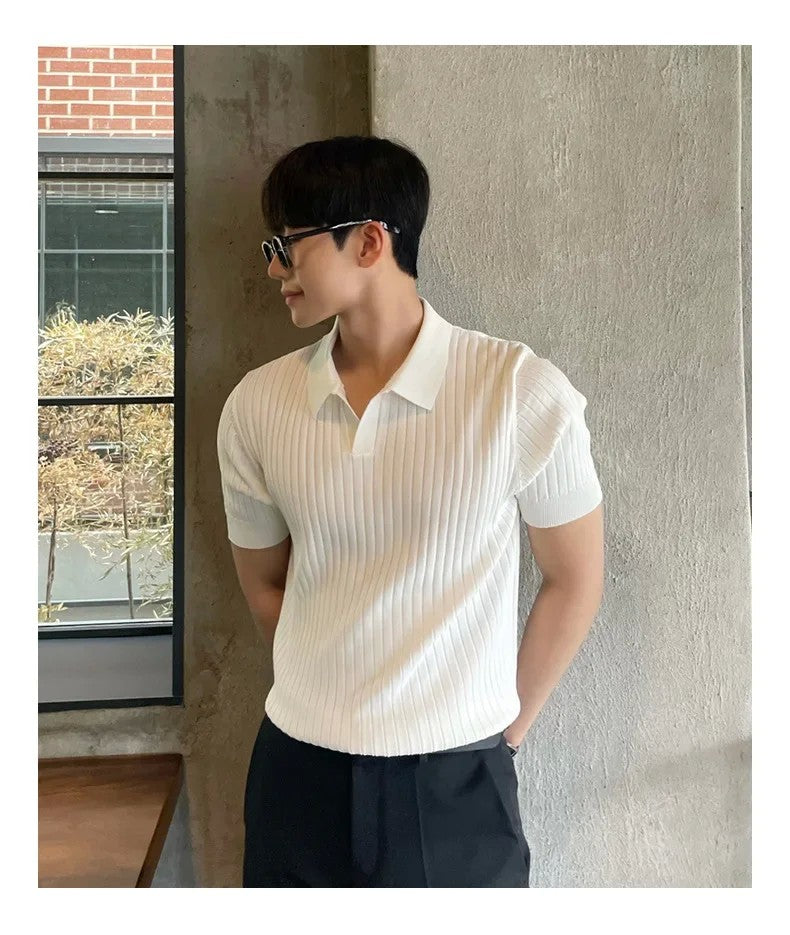Trendy Polo Shirt For Men Summer Solid Color Top Versatile Knit Style Korean Short Sleeves Casual Fashion T-shirt