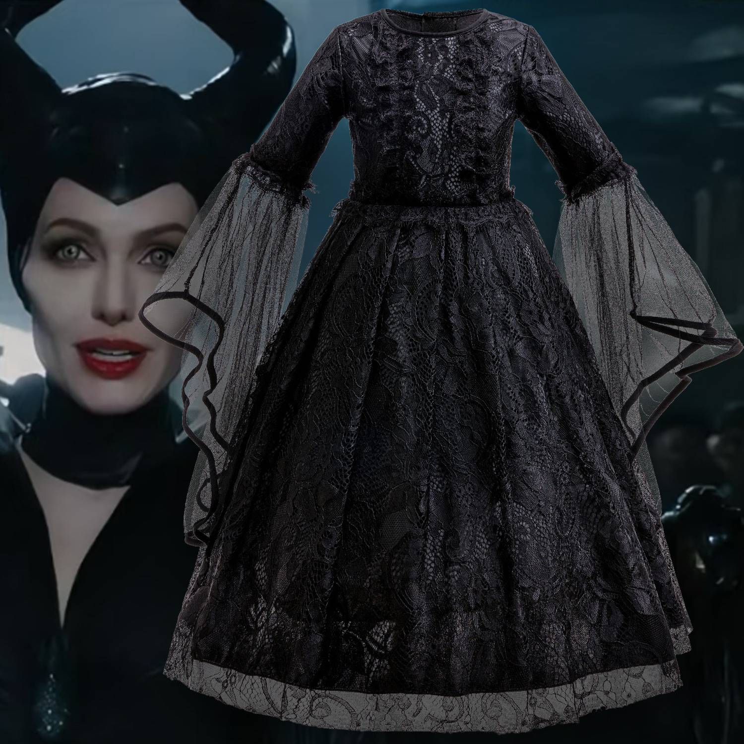 Halloween Costume Cartoon Maleficent Cosplay Dress Fancy Witch Disguise Robe Carnival Devil Queen Dot Tulle Frock