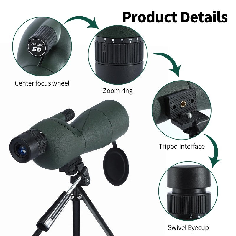 Luneta Terrestre com Zoom 25-75x60 Lente ED Poderoso Monocular Prisma Bak4 para Acampamento ao Ar Livre Observação de Pássaros Tiro Esportivo