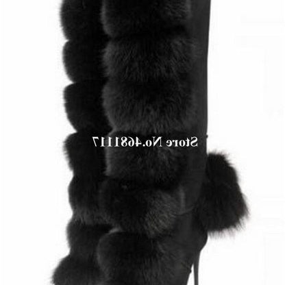 Fluff Knee High Boots Round Toe Black Suede Fur Ball Thin Heel Boots Slip On Lace Up High Heel Boots Winter Women Fashion Boots