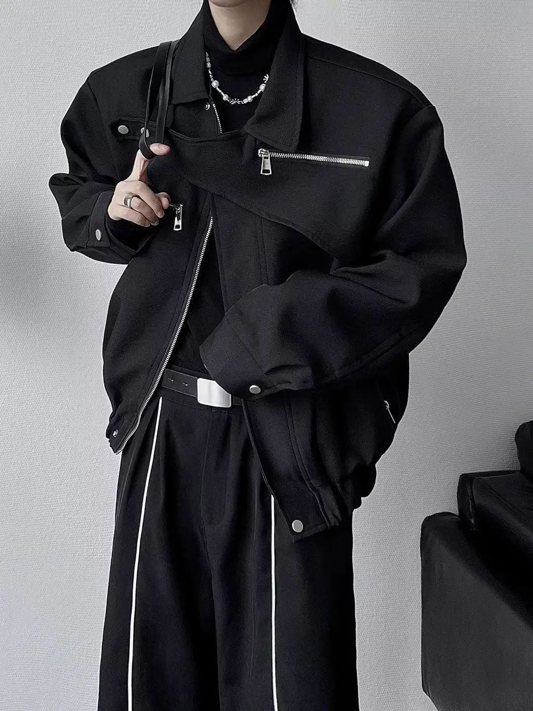 Yamamoto Dark Style Asymmetrical Design Short Lapel Zipper Deconstruction High-end Flying Jacket Jacket for Men