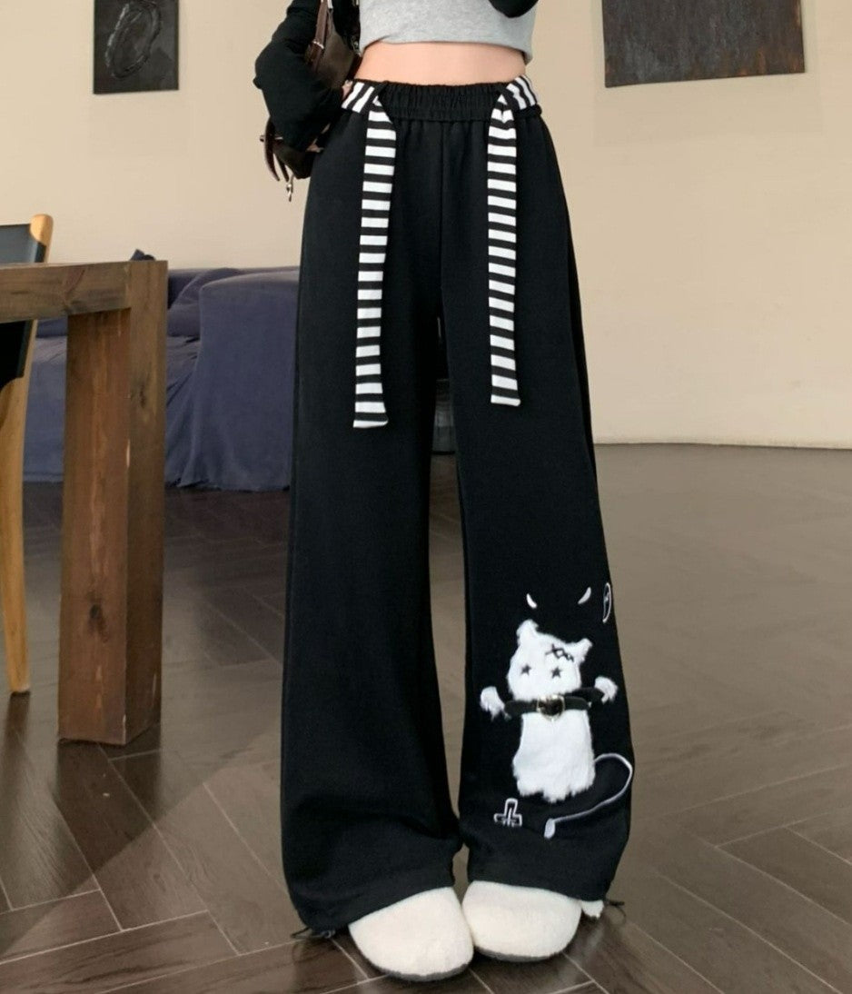 Cat Sweatpants Women Black Wide Leg Cute Casual Pants American Lazy Loose Fit Streetwear Spring Summer Trendy Unisex Outfit New