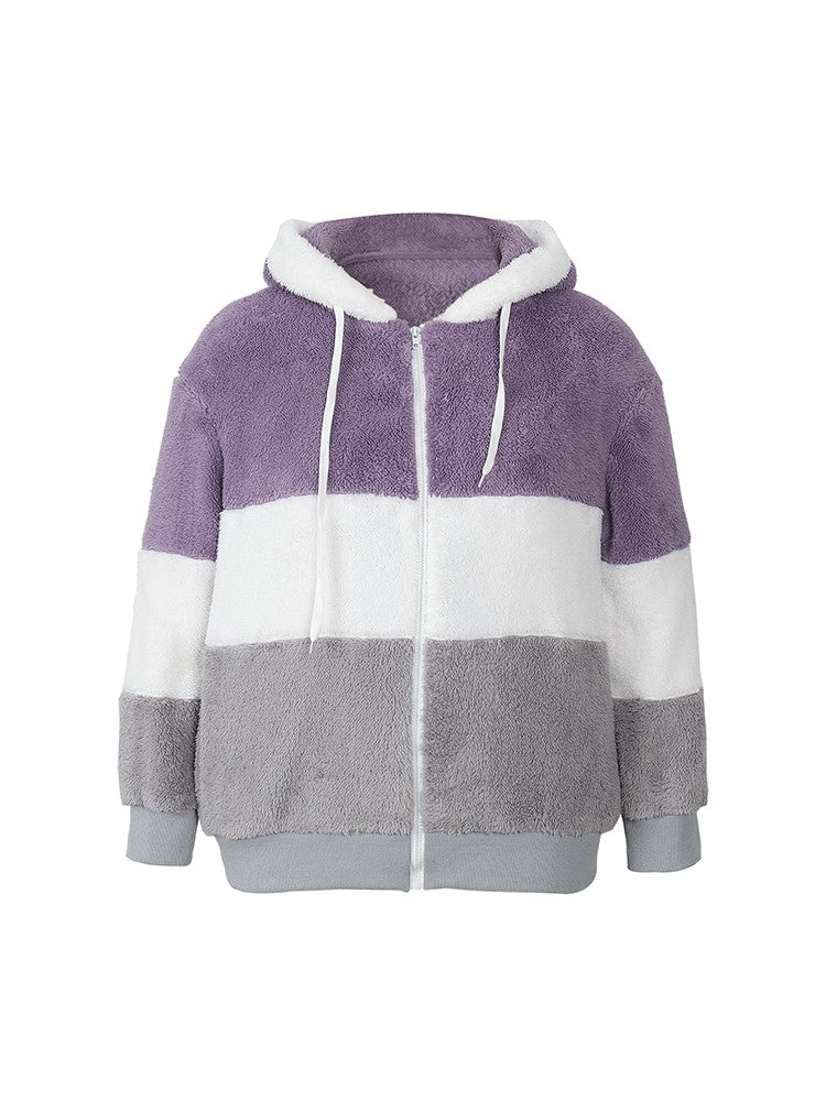 Plus Size Autumn/Winter New Arrivals Women's Autumn/Winter Drop-Shoulder Long-Sleeved Colour-Block Patchwork Fleece Hooded Jacke