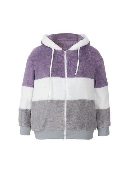 Plus Size Autumn/Winter New Arrivals Women's Autumn/Winter Drop-Shoulder Long-Sleeved Colour-Block Patchwork Fleece Hooded Jacke