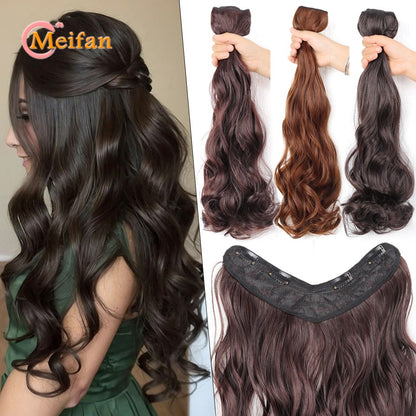 ?V-Shaped Clip in Extensions Synthetic 4-Clips Wavy Hair Extensions Brown Black One Piece Extensions for Women Daily Wear