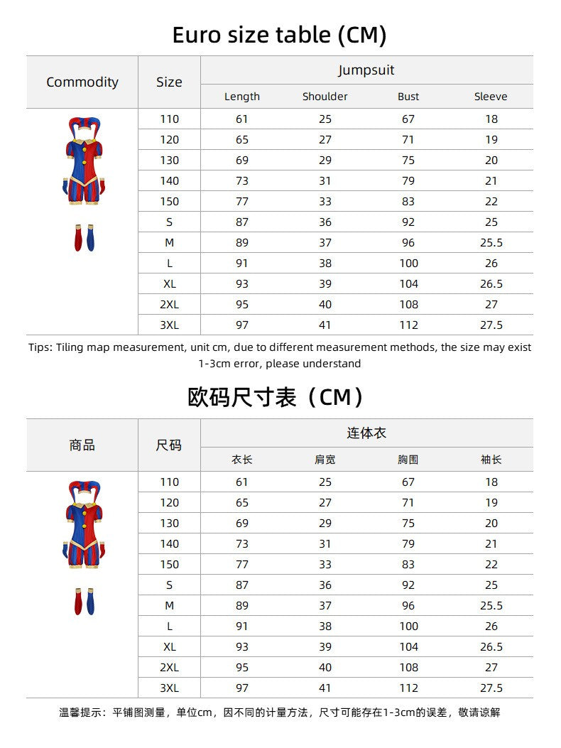 Animation Pomni Cosplay Jumpsuit with Hat aShoes Cover Gloves Magical Virtual Circus Outfits for Halloween Carnival Circus