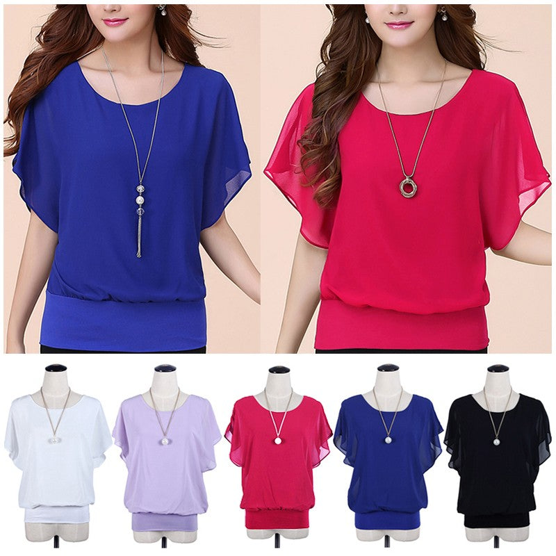 New Summer Women Blouse Female Short Batwing Sleeve Oversized Loose O-Neck Chiffon Shirt Plus Size Office Lady Elegant Tops Tees