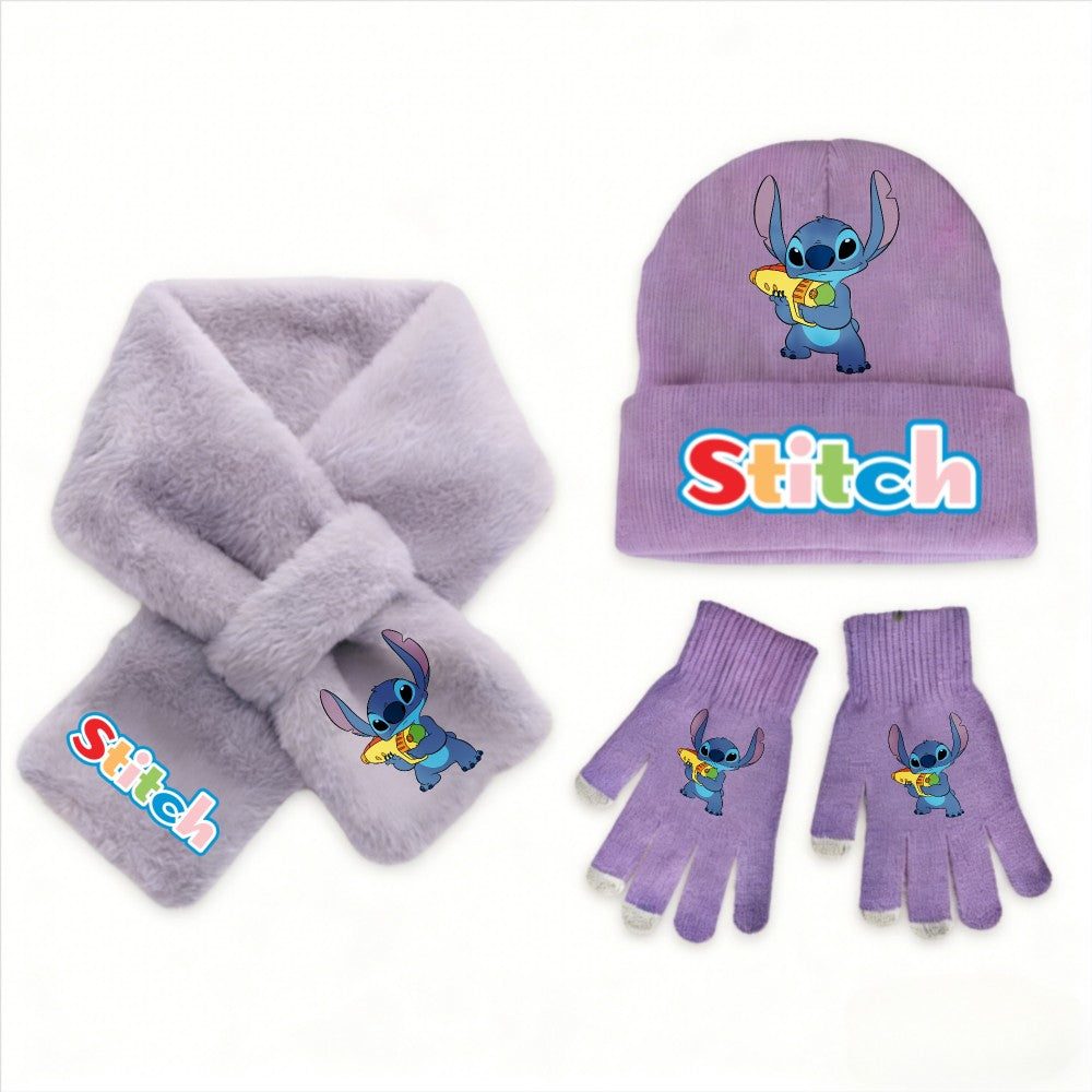 Conjunto de 3 peças de chapéu, cachecol e luvas de malha de inverno Stitch Disney Kawaii quente para meninas Acessórios casuais de moda infantil presente de Natal perfeito