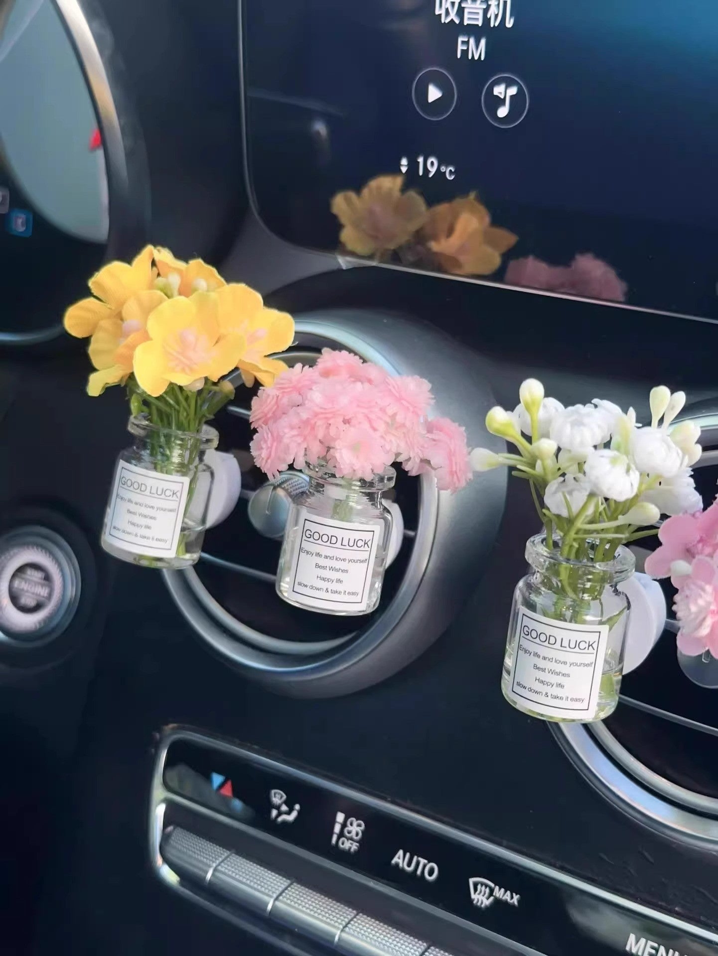 Enfeites de clipe de saída de ar do console central do carro, flores simuladas, clipe de carro, enfeites de vaso de vidro de jasmim, respira bebê para meninas, decorações