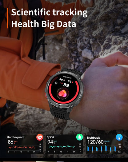 Smartwatch Masculino 2026 Novo Militar 1100mAh Bateria Tela AMOLED 1.7" Bússola GPS Lanterna Chamada Bluetooth 5ATM Natação