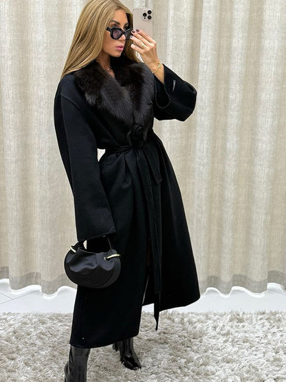 Solid Fur Collar Woolen Maxi Coat Women Fashion Lapel Full Sleeve Lace Up Pocket Loose Long Jacket Lady Autumn Daily Street Wear