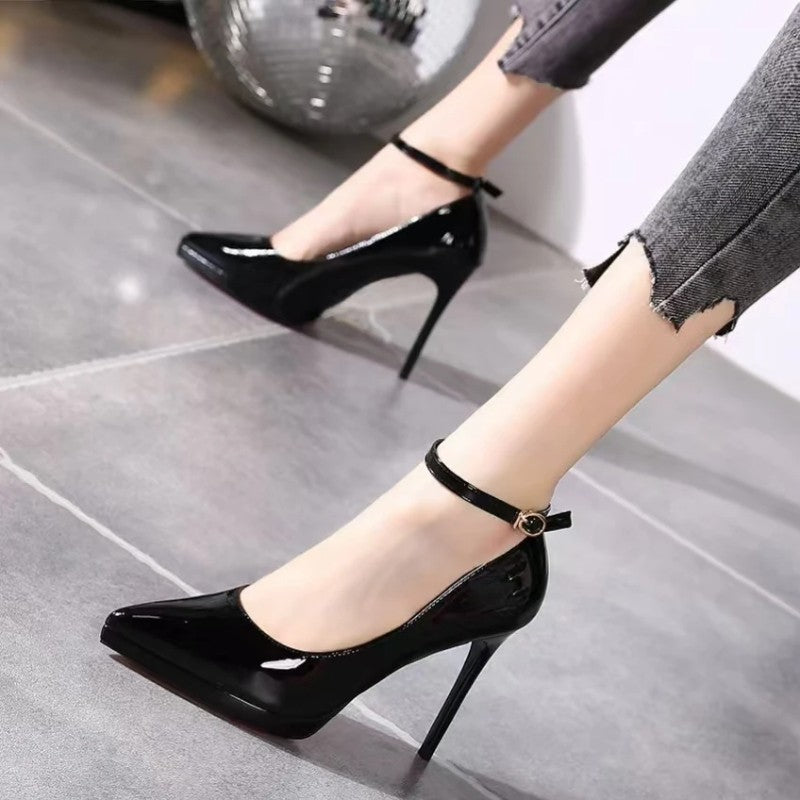 Sapatos femininos com salto agulha super alto de 11cm, corrente de pérolas, tira no tornozelo, bico fino, tamanho grande, sapatos de escritório de couro