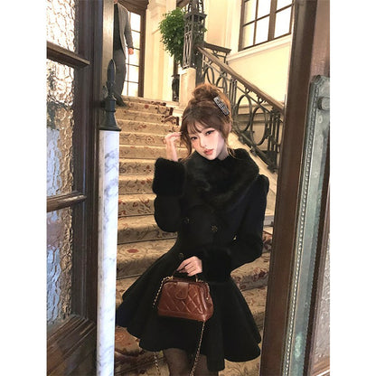 Vintage Black Wool Blends Coats Women Elegant Faux Collar Woolen Jacket Korean Long Sleeve Outerwears Winter Design Overcoat New