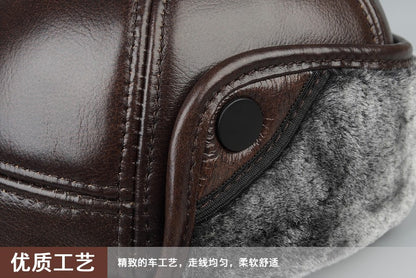 High Quality Genuine Leather Hats Winter First Layer Cowhide Warm Earmuffs Bomber Caps Plus Velvet Thicken Man Bone Caps Dad Hat