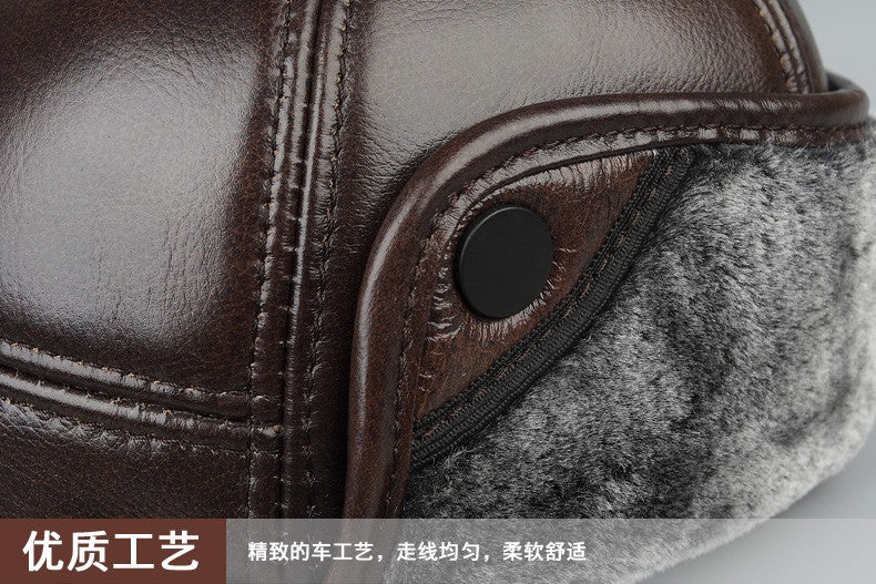 High Quality Genuine Leather Hats Winter First Layer Cowhide Warm Earmuffs Bomber Caps Plus Velvet Thicken Man Bone Caps Dad Hat