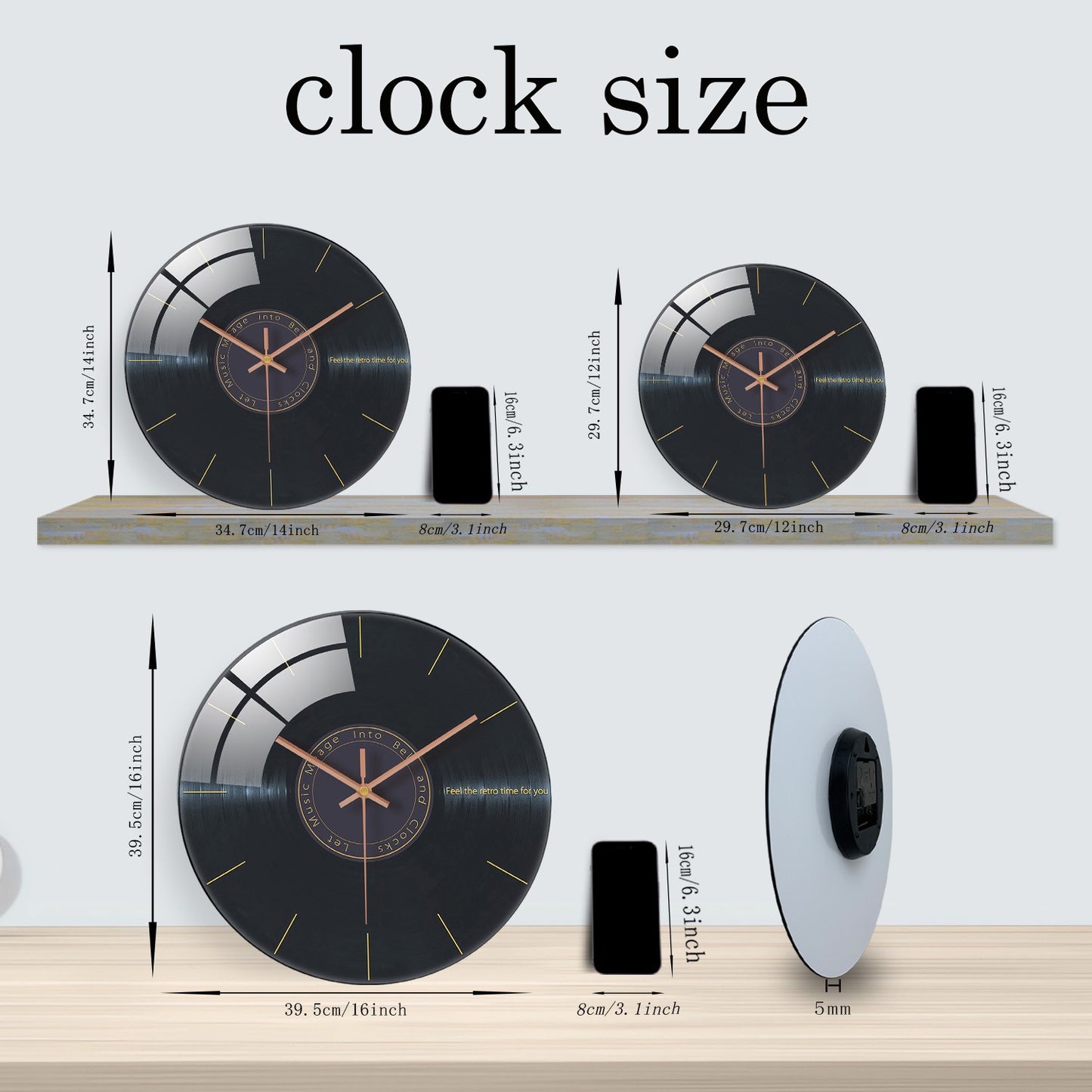 Creative Music Element Vinyl Record Pattern Tempered Glass Wall Clock Living Room Bedroom Kitchen Home Decoration Wall Clock Silent Quartz Clock Holiday Gift 12 Inches 14 Inches 16inch (Without Batteries)