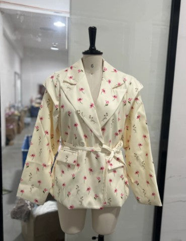 Women's 2025 Spring/Summer New Fashion Printed Loose Suit Collar Belted Waist - cinching Suit Jacket