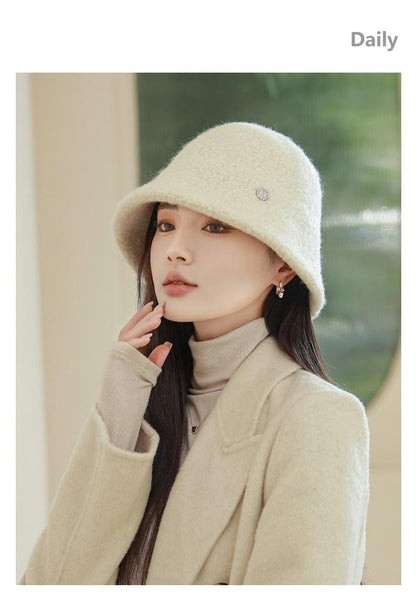 Chapéu Bucket Feminino Outono Inverno Lã Aba Larga Quebra-Sol Bob Cap Manter Quente Casual Vintage Acessórios de Chapéu Feminino