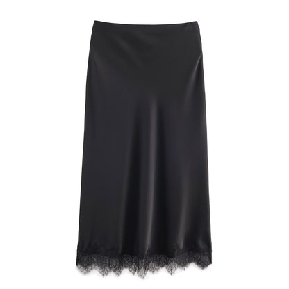 Sexy Satin Half-length Skirt for Women Autumn 2025 Fashionable Trendy Girl Long Skirt A- line Lace Embellished Commute Style