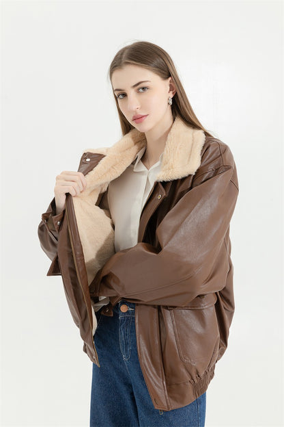 Winter Women's Fur Leather Jacket Long Sleeved Loose Warm Lamb Wool Vintage Thickened Locomotive Lapel Female PU Motorcycle Coat