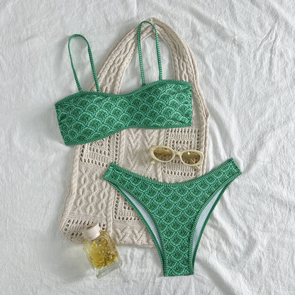 Sexy Bandeau Bikini 2025 Women Green Floral Pleate Push Up Padded Thong Swimsuit Summer Bathing Suit Two Piece Swimwear Biquini