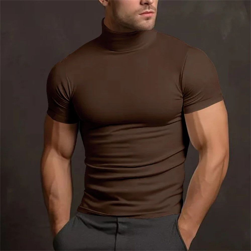 Cross-border Amazon 2024 summer solid color short-sleeved fashion bottoming shirt men's tight turtleneck T-shirt