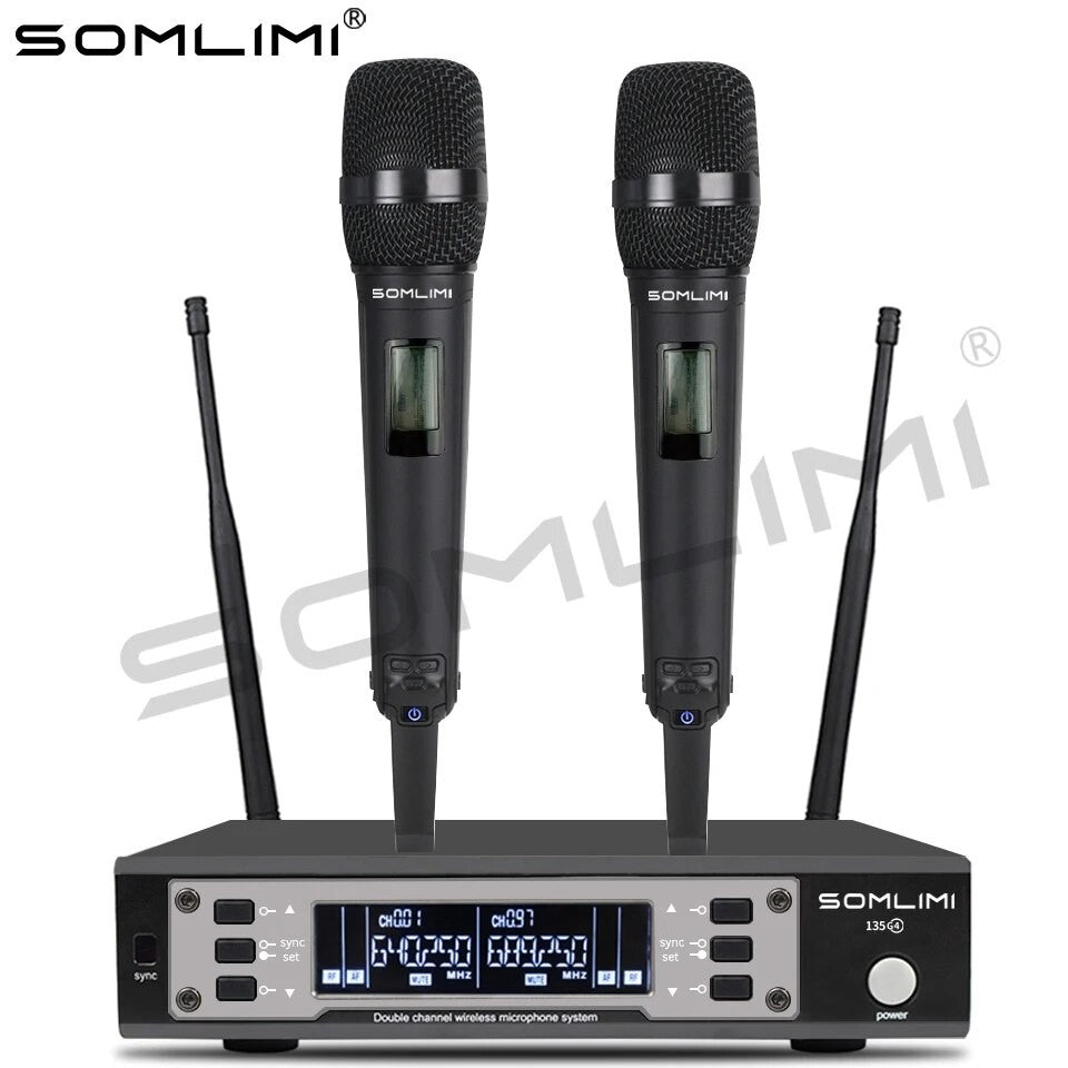 SOMLIMI EW135G4 Sistema de Microfone Sem Fio Duplo UHF Profissional para Palco Desempenho Dinâmico de Longa Distância Metal Portátil