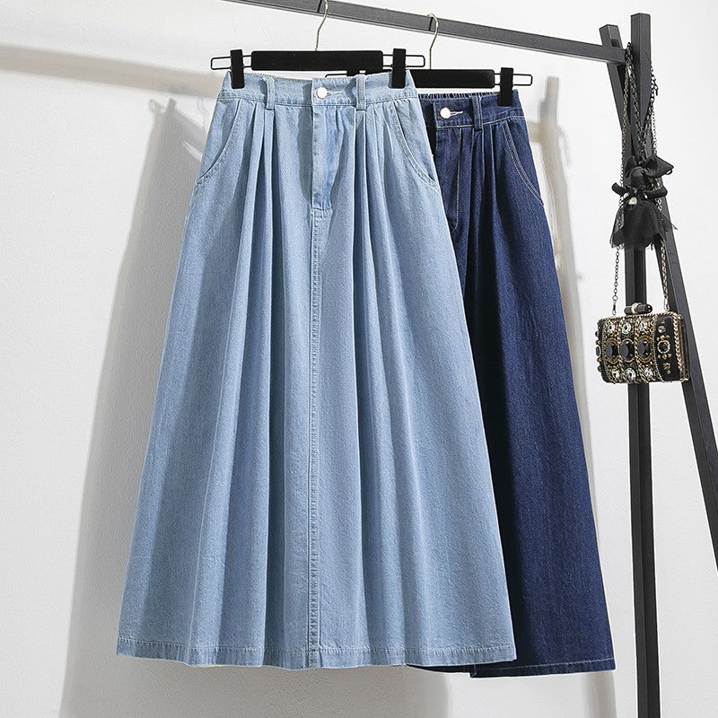 Plus Size Denim Skirt Women Summer 2025 New Korean Style High Waist A Line Pleated Long Jean Skirt Casual Women Maxi Skirt