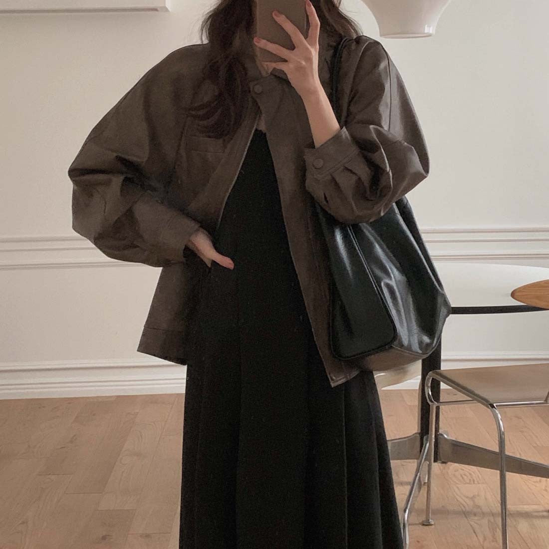 Sli Loose PU Leather Jaet Women's Chic Retro Collar Versatile BF Sle Motorcycle Clothes Trendy Long Sve Zipper