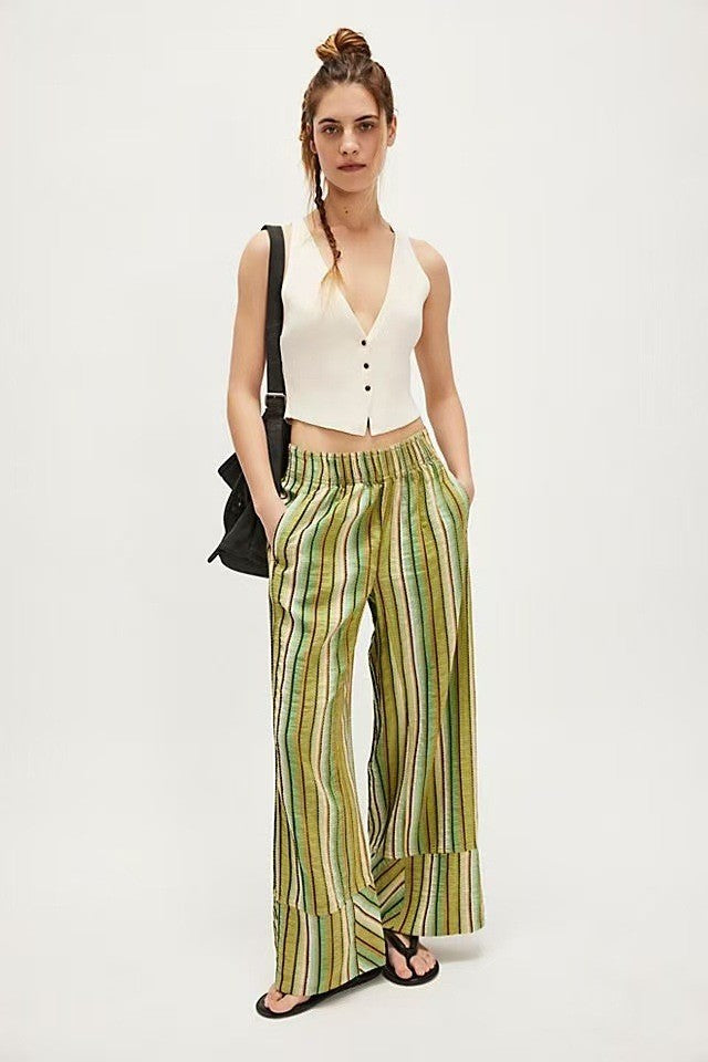 Fashion Printed Striped Wide-leg Long Pants Women's New Spring Autumn Loose Casual High-waisted Slimming Beach Long Pants Female