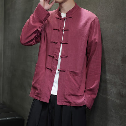 Chinese-style Men's Black Long-sleeve Shirt, Cotton-linen Blend Stand-up Collar Shirts, Available in Burgundy, Beige, and Gray.
