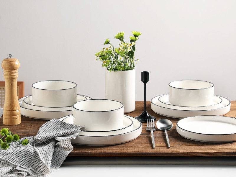 Porcelain Dinnerware Sets for 4, 12 Pieces Ceramic Plates and Bowls Set, Classic Modern Simple Kitchen Dinner Dining Ware Set, D